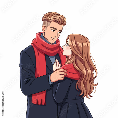 Happy couple in warm winter clothing embracing with love and affection