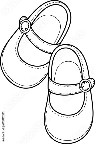 Cute Baby Mary Jane Shoes Flat Sketch, Infant Footwear Design Template, Toddler Fashion Apparel Mockup, Classic Style Baby Accessories, Isolated on White Background.