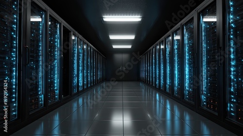 Server racks illuminated with blue lights in a dark server room