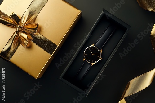 Elegant gold gift box and luxury watch presentation on dark background