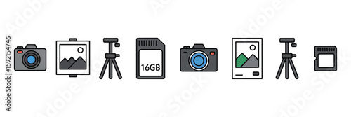 Photography equipment featuring cameras, tripods, and accessories displayed on a clean white background