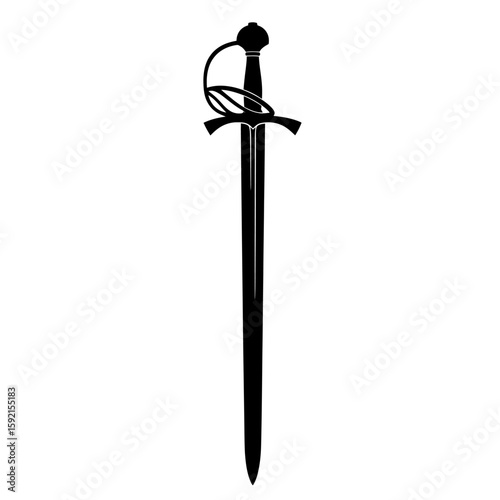 Silhouette of a rapier sword with an ornate hilt and long blade, isolated on a white background.