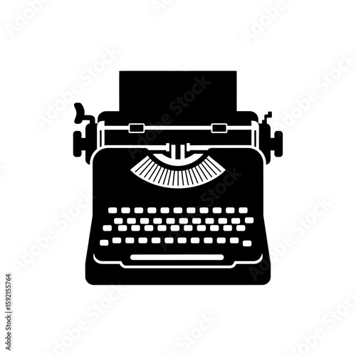 Black and white illustration of a vintage typewriter with paper inserted, viewed from the front.