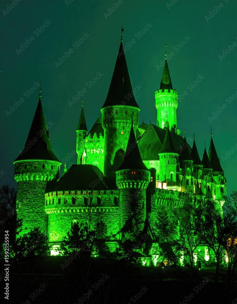 Obraz premium Illuminated green castle at night