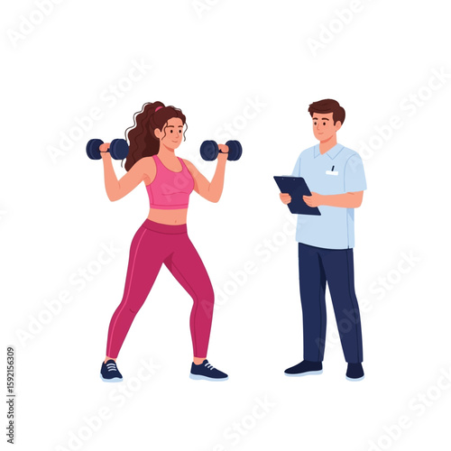 A woman exercises with dumbbells while a trainer observes and takes notes.