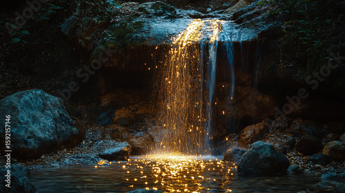 Wallpaper Mural A golden waterfall cascading down rocks, sparkling as it flows into a pool below Torontodigital.ca