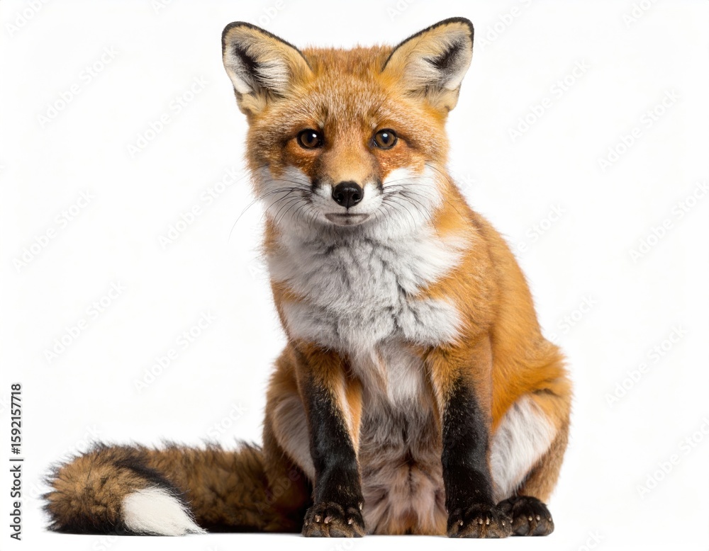 Fototapeta premium Red fox sitting, centered, white background