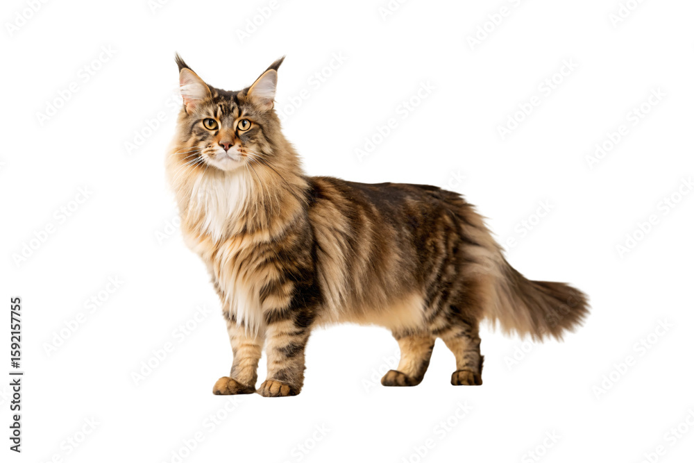 Obraz premium Large fluffy cat with tufted ears, long fur, brown tabby markings, bushy tail, majestic feline, isolated on a transparent background