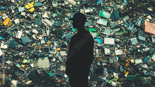 A landfill worker’s silhouette infused with piles of e-waste, highlighting improper disposal of electronics