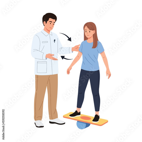 Physical therapist guiding a young woman on a balance board, improving posture and coordination.
