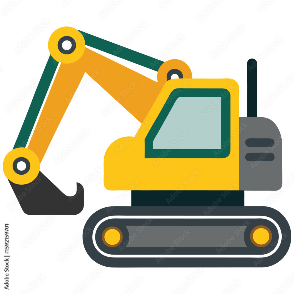 Naklejka premium Yellow Excavator Cartoon Illustration: Construction Equipment Graphic Design, Childrens Book, App Icon