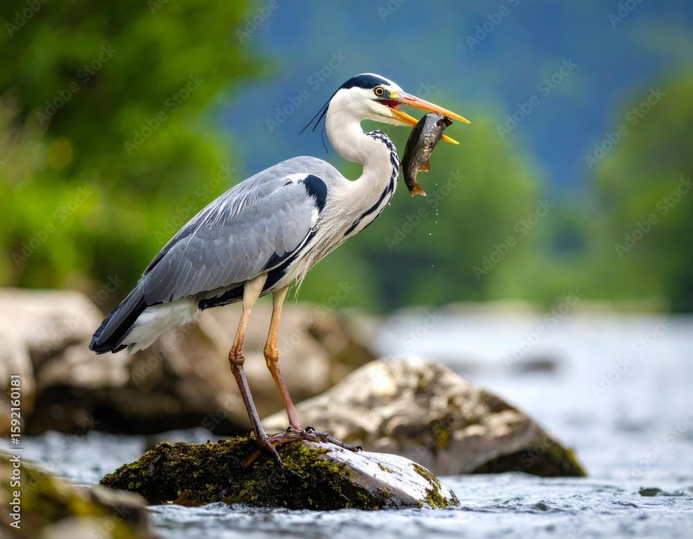Fototapeta premium Grey heron eating fish standing on river stone