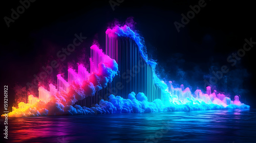Abstract digital art of towering structures enveloped in swirling, vibrant, neon-colored smoke.  A futuristic, otherworldly landscape