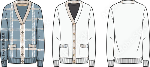 Stylish cardigan design flat vector illustration for fashion templates, CAD technical drawing knitwear apparel front and back views, Adobe Stock