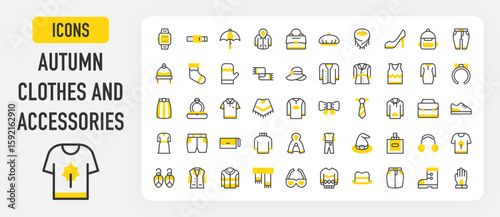 Autumn clothes and accessories icons. Clutch, High Heels, Bow, Cloak, Hoodie, Cardigan, Boot, Wristwatch, Sock, Jumpsuit, Backpack, Coat, Dress, Earmuff vector stroke illustration.	
