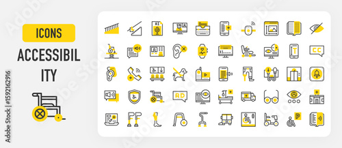 Accessibility icons. Impairment, Ramp, Color Blindness Test, Hearing, Service Dog, Wheelchair, Eyeglasses, Hearing Aid, Stair , Medical App, Prothesis vector stroke illustration.	
