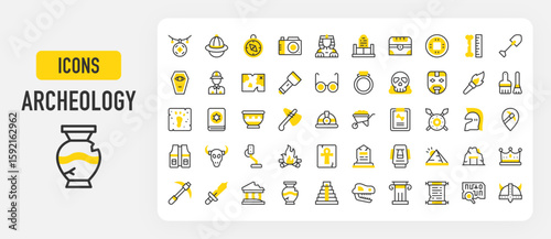 Archaeology icons. Inscription, pin, goals, campfire, pottery, scroll, report, ancient Greece, map, grave, fossil, wheelbarrow, temple, torch, pyramid, pickax vector stroke illustration.	
