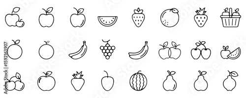 Hand drawn fruit icon set in doodle line style