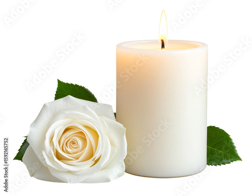 White Pillar Candle with Soft Flame and Single Rose Beside It, Front View, Transparent PNG