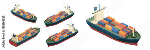 Cargo ships loaded with containers navigating ocean waters in daylight, depicting global shipping industry and logistics network