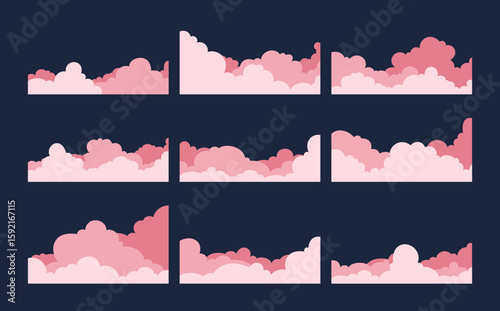 Set of pink cloud borders in a flat design style. Collection of simple vector frames with dreamy fantasy skies for banners, headers, and footers