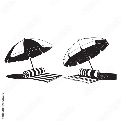 Beach umbrellas and striped towels summer
