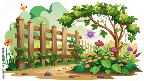 Rustic wooden fence with ivy climbing and garden flowers around. Countryside backyard decor