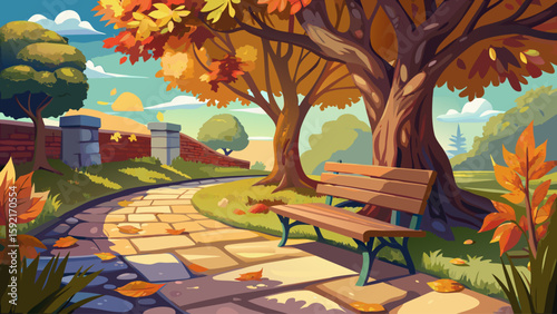 Outdoor bench under tree shade with fallen leaves on stone path. Peaceful backyard corner
