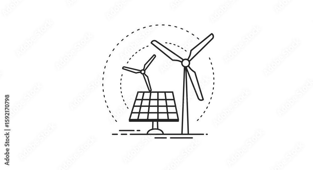Obraz premium Illustration of solar panel and wind turbines for renewable energy