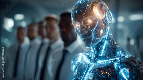 An AI hologram agent representing autonomy and teamwork, standing beside humans in a modern office, symbolizing collaboration between artificial intelligence and human workforce