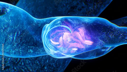 Futuristic alien cell structure with glowing tech elements and dynamic sci-fi background. Created with generative AI.