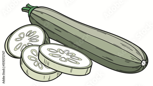 vector of zucchini sliced and whole on white backg