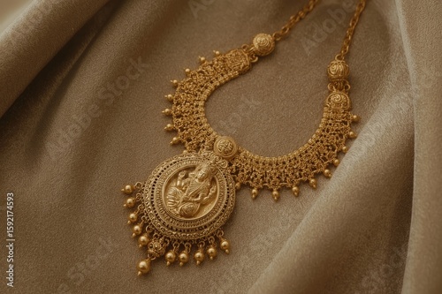 Gold traditional necklace Indian jewelry ethnic bridal wedding ornate design cultural heritage precious metal luxury accessory set
