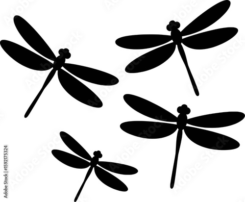 Black dragonfly silhouettes with four wings and segmented bodies insect