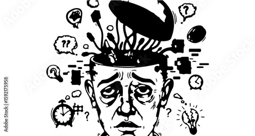 Overthinking Concept – Man Overloaded with Wires and Thoughts