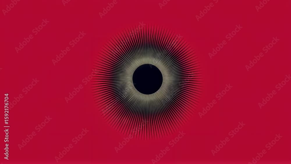 Hypnotic black hole on vibrant red background. Optical illusion animation. Abstract circular pattern with radiating dots. Mesmerizing visual effect for video production.