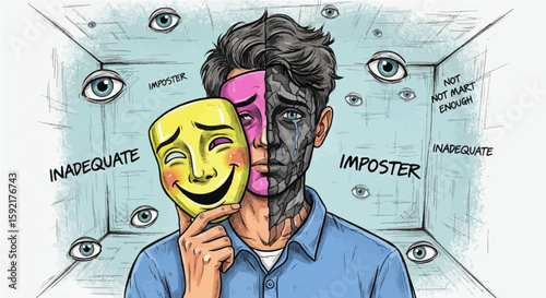 Imposter Syndrome Concept Illustration – Man Hiding Behind Happy Mask
