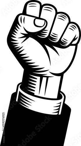 Black fist raised in solidarity and protest white
