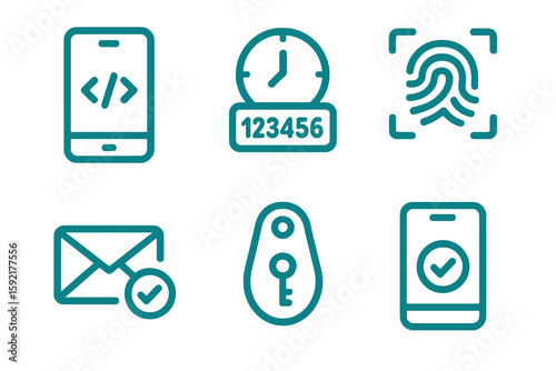 Teal vector set for authentication: secure code, fingerprint, 2FA device, mobile UI icons. Flat and clean.