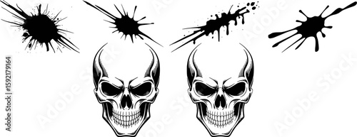 Black ink splatters and detailed skull illustrations splash drop