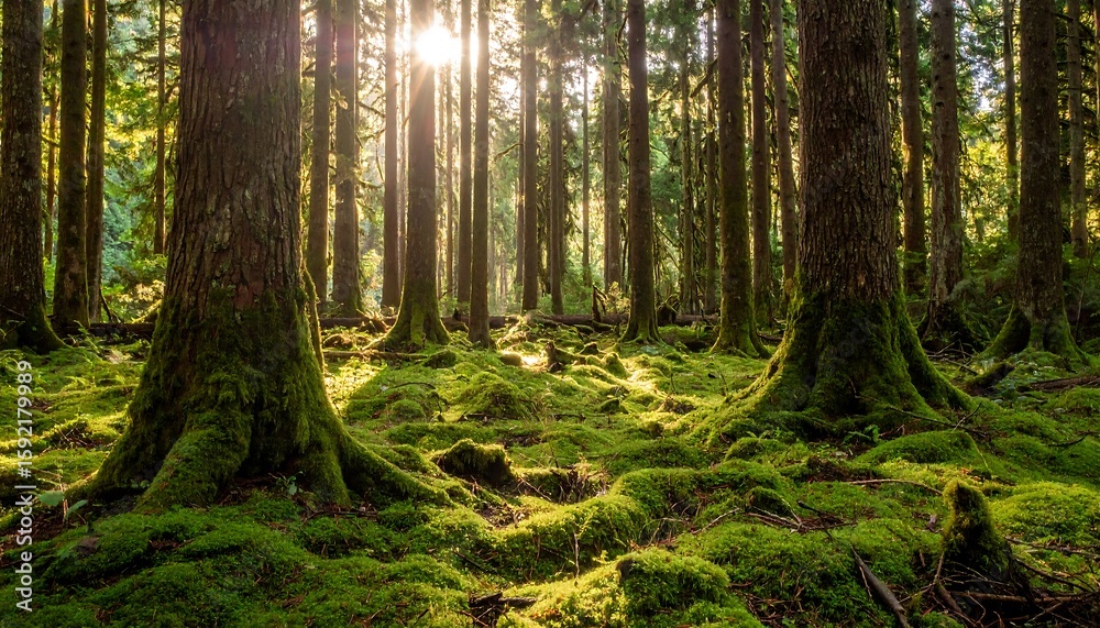 Obraz premium Sunlight streams through mossy forest floor