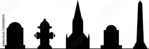 Black silhouette collection of urban and memorial monuments vector symbol