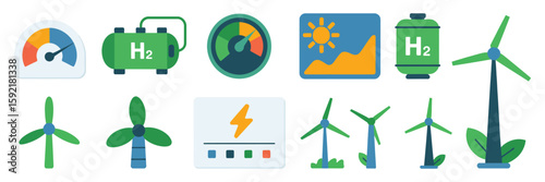 Diverse vector symbols representing renewable energy sources and hydrogen technology, illustrating a clean energy concept for sustainable development and green innovation projects

