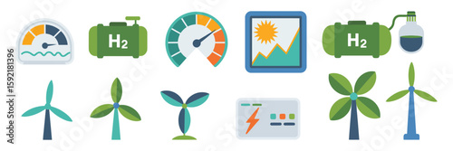Diverse vector symbols representing renewable energy sources and hydrogen technology, illustrating a clean energy concept for sustainable development and green innovation projects

