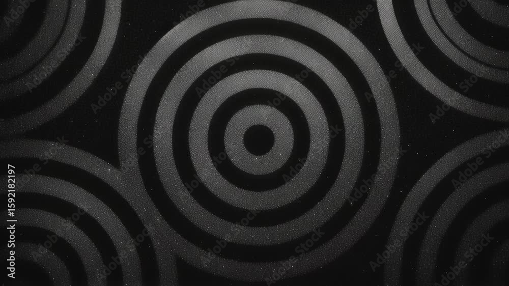 Concentric circles pattern on dark background. Abstract geometric design with rotating motion. Hypnotic optical illusion effect for video background or transition.