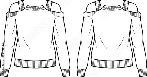 Cold shoulder sweater fashion flat sketch, long sleeve knitwear top front and back view, women clothing technical drawing design