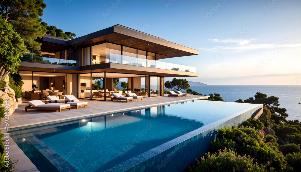 Fototapeta premium Modern Cliffside Villa with Infinity Pool and Ocean View at Sunset