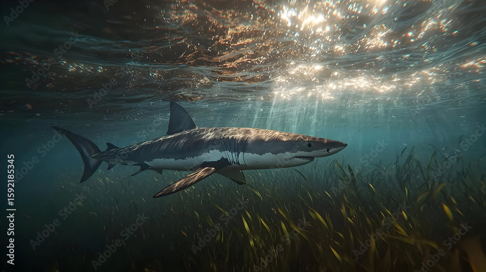 Fototapeta premium Great white shark glides through sunlit underwater kelp forest. Sunlight beams through the water, illuminating the shark's form against a backdrop of vibrant kelp