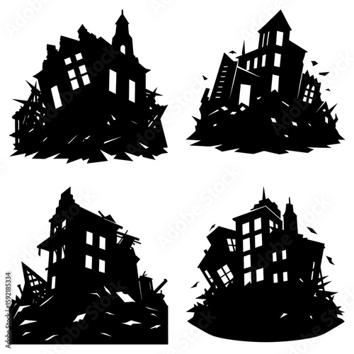 Four silhouettes of destroyed buildings with rubble and debris in a post apocalyptic scene depicted