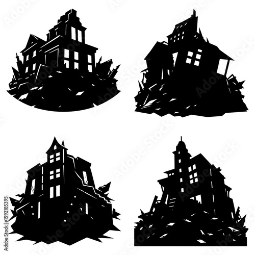 Silhouette illustration of four ruined buildings on debris piles in a vector style